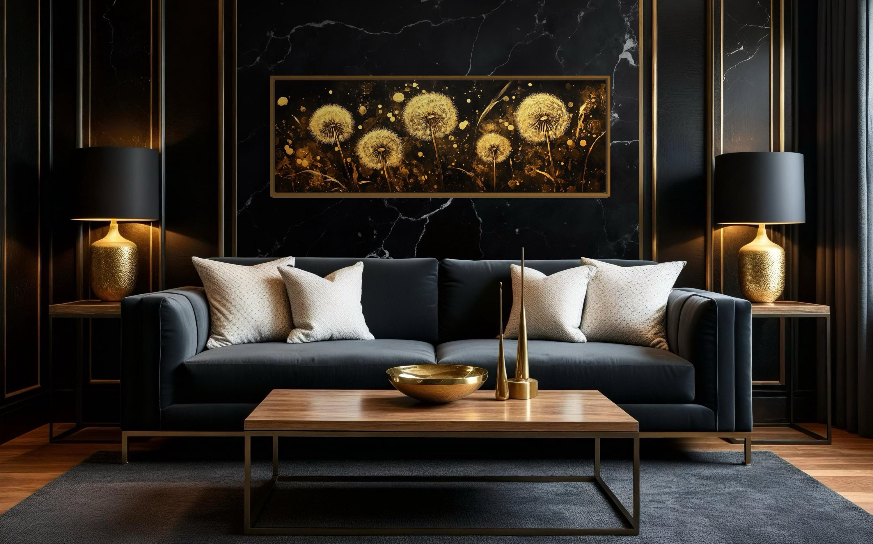 Golden Dandelion Wall Art - Panoramic Modern Floral Print With