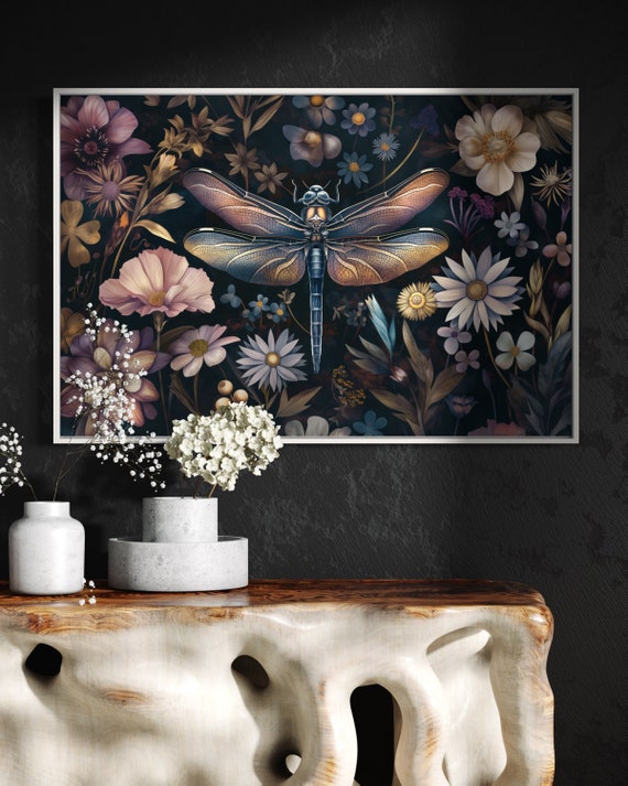 Whimsical Dragonfly Wall Art - Dark Floral Print for Home Decore