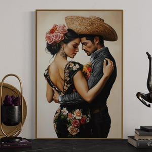 Romantic artwork of a Mexican couple in traditional attire, adorned with vibrant floral embroidery. Their intimate pose and exquisite details evoke passion and cultural elegance, perfect for adding warmth and charm to your home.