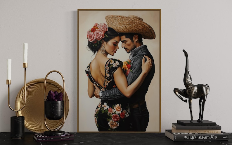 Romantic artwork of a Mexican couple in traditional attire, adorned with vibrant floral embroidery. Their intimate pose and exquisite details evoke passion and cultural elegance, perfect for adding warmth and charm to your home.