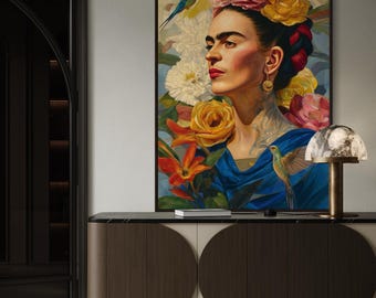 Frida-Inspired Wall Art – Colorful Woman Portrait Print, Floral Tattoo Art, Boho Decor, Feminine Power Art Print, Hummingbird Poster