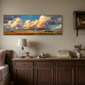 Prairie Sky Landscape Wall Art Print – Panoramic Cloudscape Painting PRINT, Dramatic Field Sunset Artwork