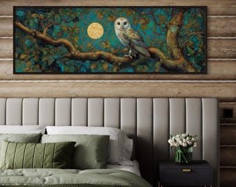Owl Wall Art Print – Barn Owl and Moon Painting, Mystical Forest Decor, Whimsical Animal Art, Nature Lover Gift, Woodland Night Print