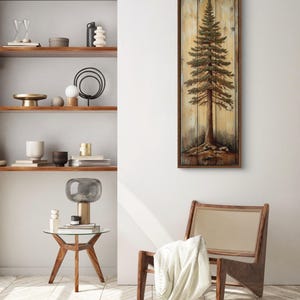 A rustic painting of a tall pine tree on wooden panels, showcasing natural textures and earthy tones. It is a perfect blend of art and nature with a handcrafted feel.