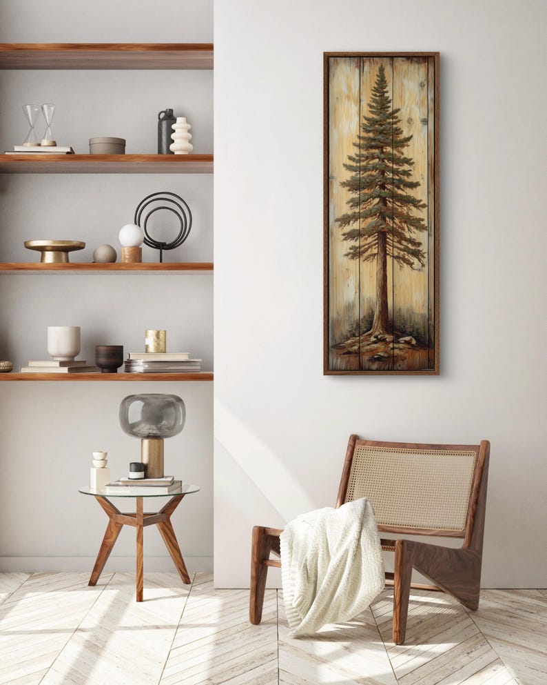 A rustic painting of a tall pine tree on wooden panels, showcasing natural textures and earthy tones. It is a perfect blend of art and nature with a handcrafted feel.