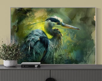 Blue Heron Grace: Żywa grafika ścienna z czaplą do dekoracji domu – abstrakcyjny wydruk artystyczny z ptakiem do przestrzeni nad kanapą