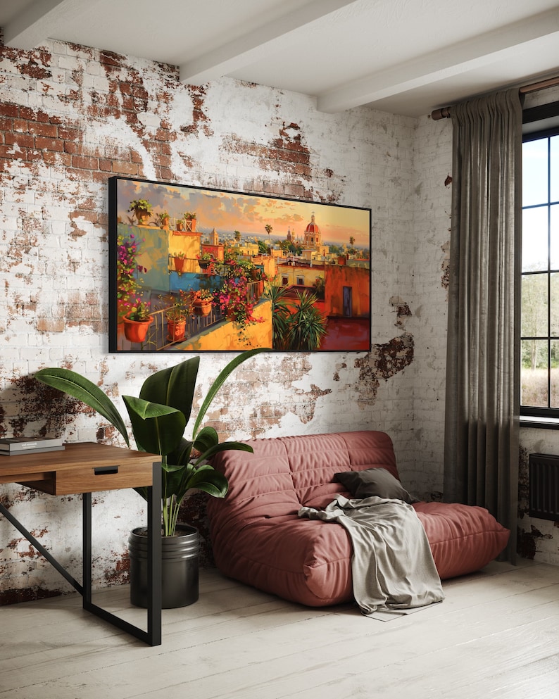 This colorful painting shows a Mexican city at sunset with terracotta rooftops, blooming bougainvillea, and church domes. The warm hues and intricate details evoke the charm and beauty of a picturesque Mexican town, perfect for cultural decor.