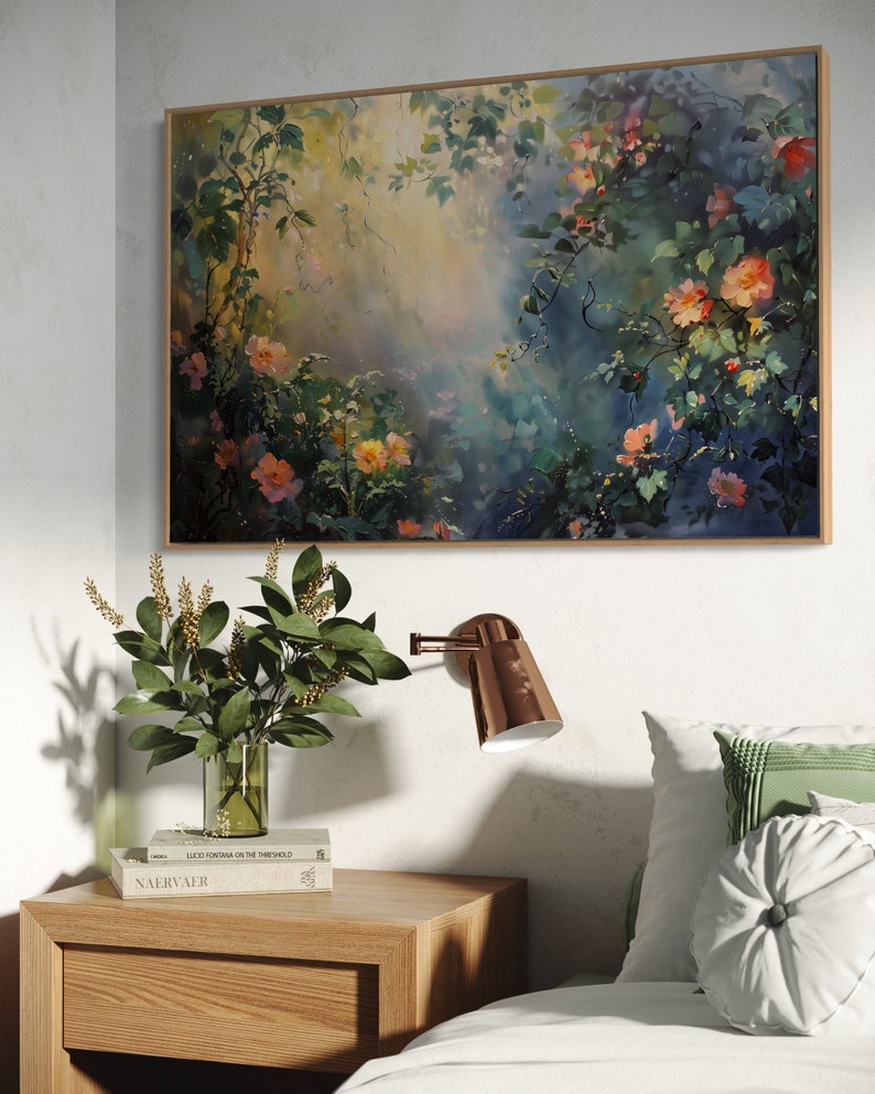 A sun-dappled garden, lush with blooming roses and climbing vines, bathes in the gentle caress of morning light, creating a serene and enchanting scene.