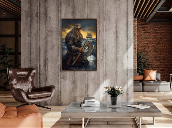 Viking Warrior Wall Art Print, Norse Mythology Axe Warrior, Nordic