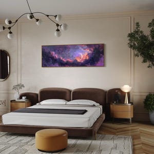 Dive into the ethereal beauty of a crescent moon cradled by vivid clouds in a surreal dreamscape. This stunning painting captures the enchanting dance of light and color, perfect for bringing a touch of wonder to any space.