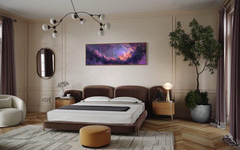 Dive into the ethereal beauty of a crescent moon cradled by vivid clouds in a surreal dreamscape. This stunning painting captures the enchanting dance of light and color, perfect for bringing a touch of wonder to any space.