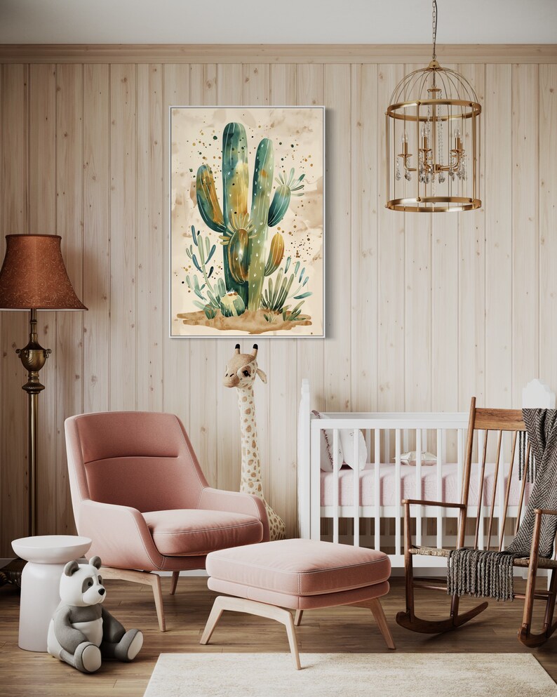 Sage Green Watercolor Cactus Print Minimalist Desert Canvas for Simple