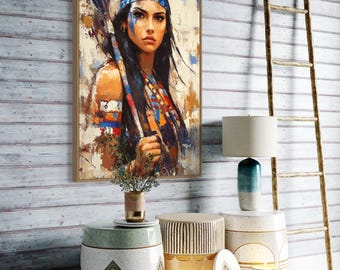 Warrior Woman Art Print – Bold Expressionist Portrait, Powerful Female Strength Wall Art, Colorful Modern Figurative Print
