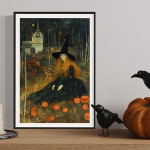 Captivating artwork of a witch in a mystical forest, surrounded by glowing pumpkins and an enchanted cottage, evoking a spellbinding Halloween night.
