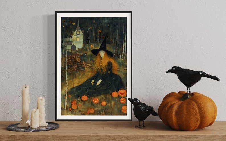 Captivating artwork of a witch in a mystical forest, surrounded by glowing pumpkins and an enchanted cottage, evoking a spellbinding Halloween night.