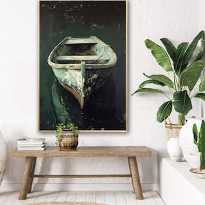 A tranquil artwork capturing a rustic boat's serene reflection in still waters, embodying a quiet escape and the beauty of simplicity. Ideal for a calming space.