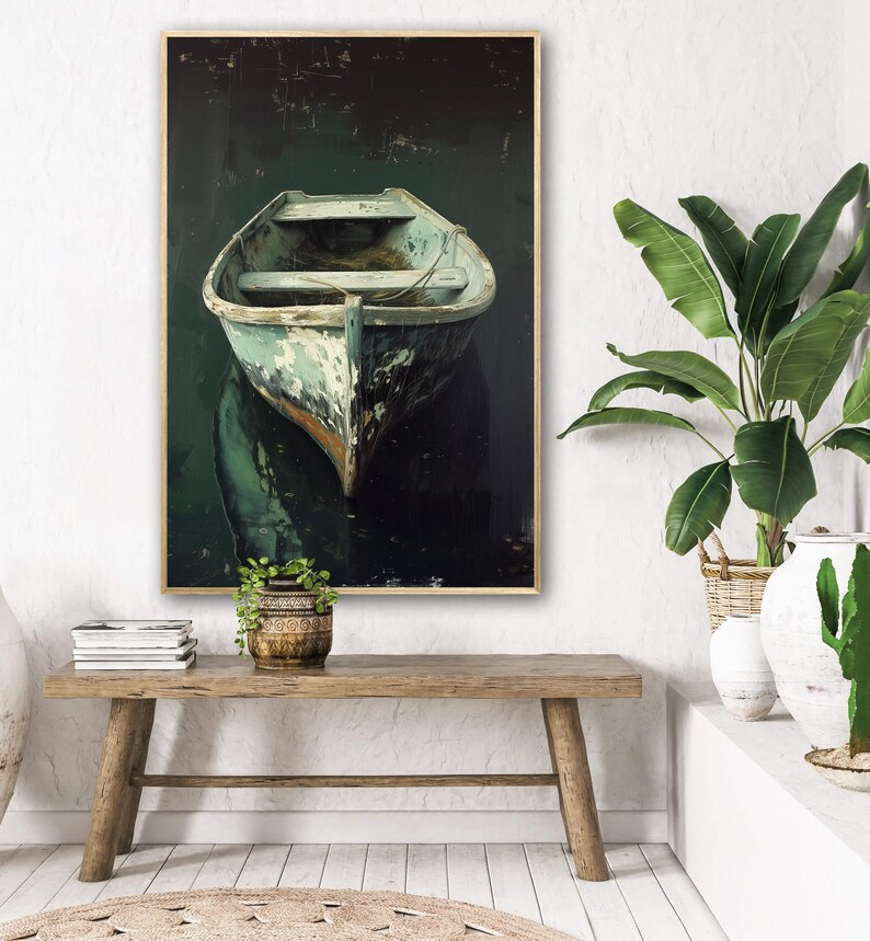 A tranquil artwork capturing a rustic boat's serene reflection in still waters, embodying a quiet escape and the beauty of simplicity. Ideal for a calming space.