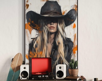 Modern canvas cowgirl – Gedurfde westerse modeprint, rustiek-chique wanddecoratie, edgy landelijk portret voor slaapkamer, woonkamer