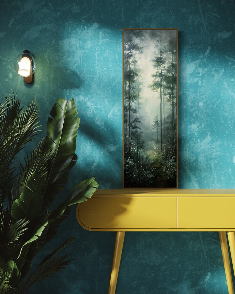 This serene painting depicts a misty forest with tall trees and delicate wildflowers. The soft, muted colors and ethereal atmosphere create a sense of tranquility, perfect for adding a touch of nature and calm to any space.