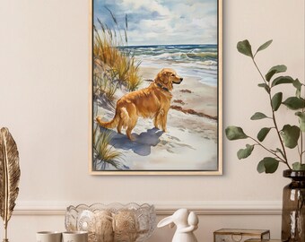 Golden Retriever Beach Art Print – Coastal Dog Watercolor, Ocean Wall Art, Beach Dog Painting, Pet Lover Decor, Coastal Home Decor