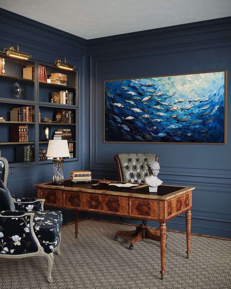 A dynamic school of fish swims in unison through the tranquil blue sea, their silvery scales reflecting light, depicted with thick, textured brushstrokes that give life and movement to this captivating marine scene.