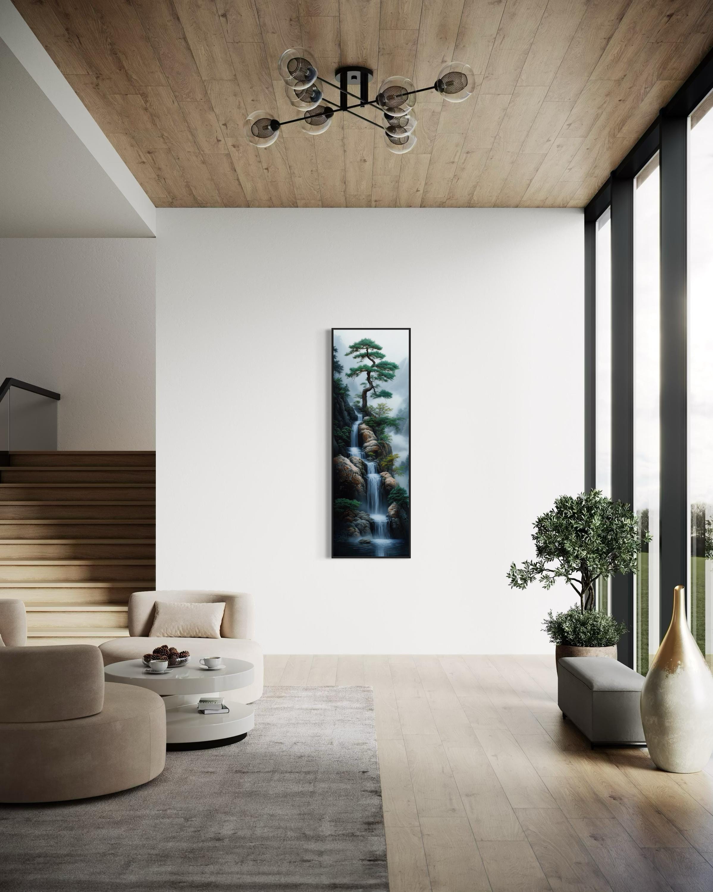 Zen Waterfall Wall Art - Tall Vertical Japanese Landscape Print With ...