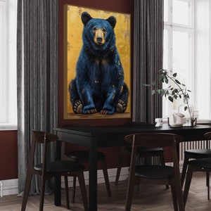 Realistic painting of a blue-black bear with golden accents. The bear sits against a textured golden background, combining natural beauty with artistic flair. Perfect for adding a unique touch of wilderness charm to any space.