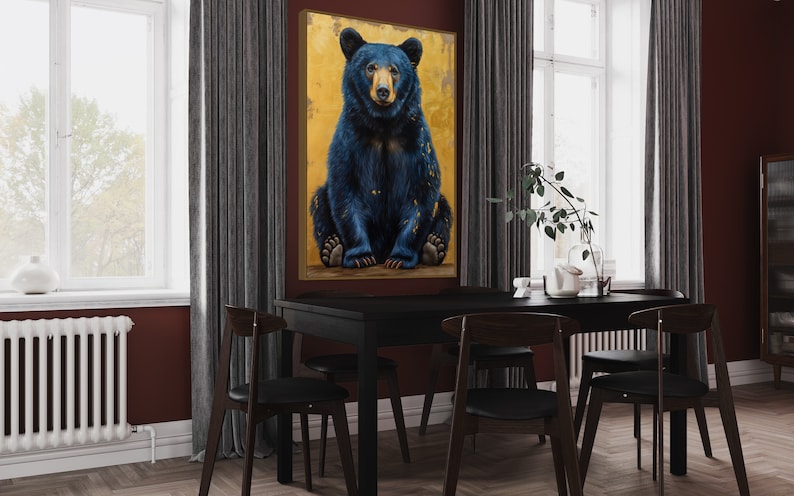 Realistic painting of a blue-black bear with golden accents. The bear sits against a textured golden background, combining natural beauty with artistic flair. Perfect for adding a unique touch of wilderness charm to any space.