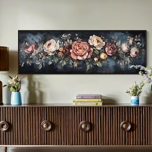 Victorian Floral Canvas Art - Moody Rose Painting PRINT, Perfect Long Narrow Wall Decor for Romantic Cottagecore or Elegant Vintage Spaces