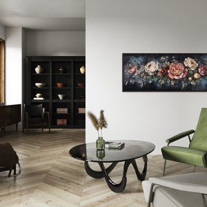 This Victorian-inspired floral canvas art showcases a stunning arrangement of roses in soft pink, cream, and deep red hues. Set against a moody dark blue background, it exudes timeless elegance and romantic charm.