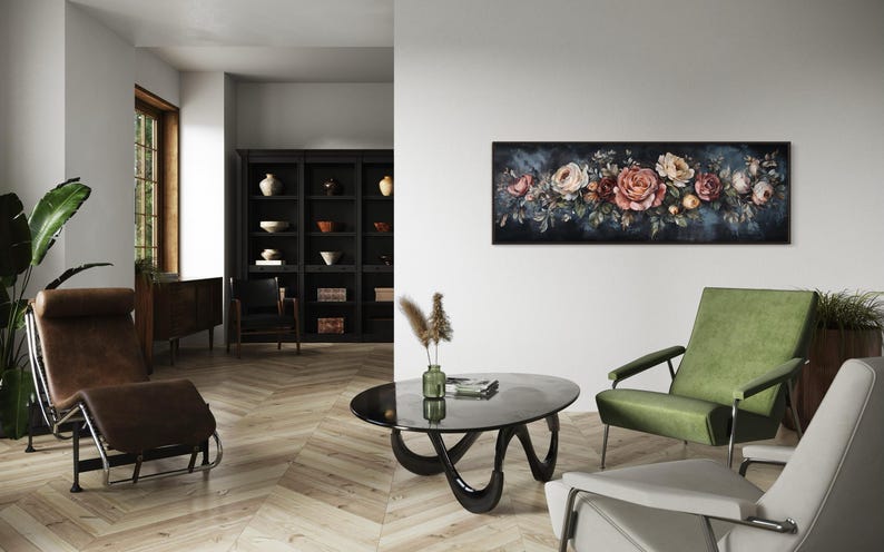 This Victorian-inspired floral canvas art showcases a stunning arrangement of roses in soft pink, cream, and deep red hues. Set against a moody dark blue background, it exudes timeless elegance and romantic charm.