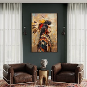 This striking portrait captures a Native American in profile, adorned with a vibrant feather headdress. The dynamic brushstrokes and bold colors evoke a sense of strength and spirit.