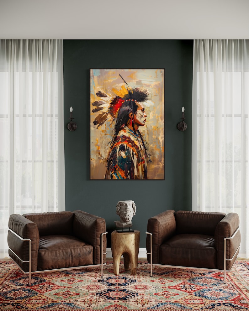 This striking portrait captures a Native American in profile, adorned with a vibrant feather headdress. The dynamic brushstrokes and bold colors evoke a sense of strength and spirit.