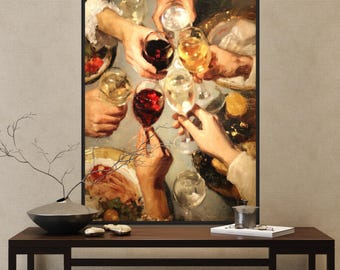 Stampa artistica "Brindisi con il vino" - Elegante decorazione da parete per cene di festa, tela in stile vintage per bar, cucina o amanti del vino