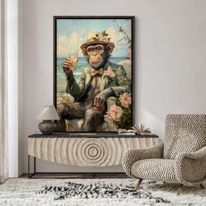Dapper Chimpanzee Canvas - Realistic Monkey Wall Art Print for Quirky Beach House Decor, Whimsical and Humorous Wildlife Poster