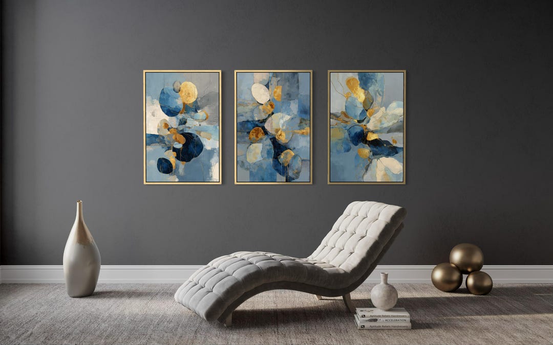 Blue Gold Abstract Wall Art Set of 3 - Modern Triptych Artwork, Navy ...