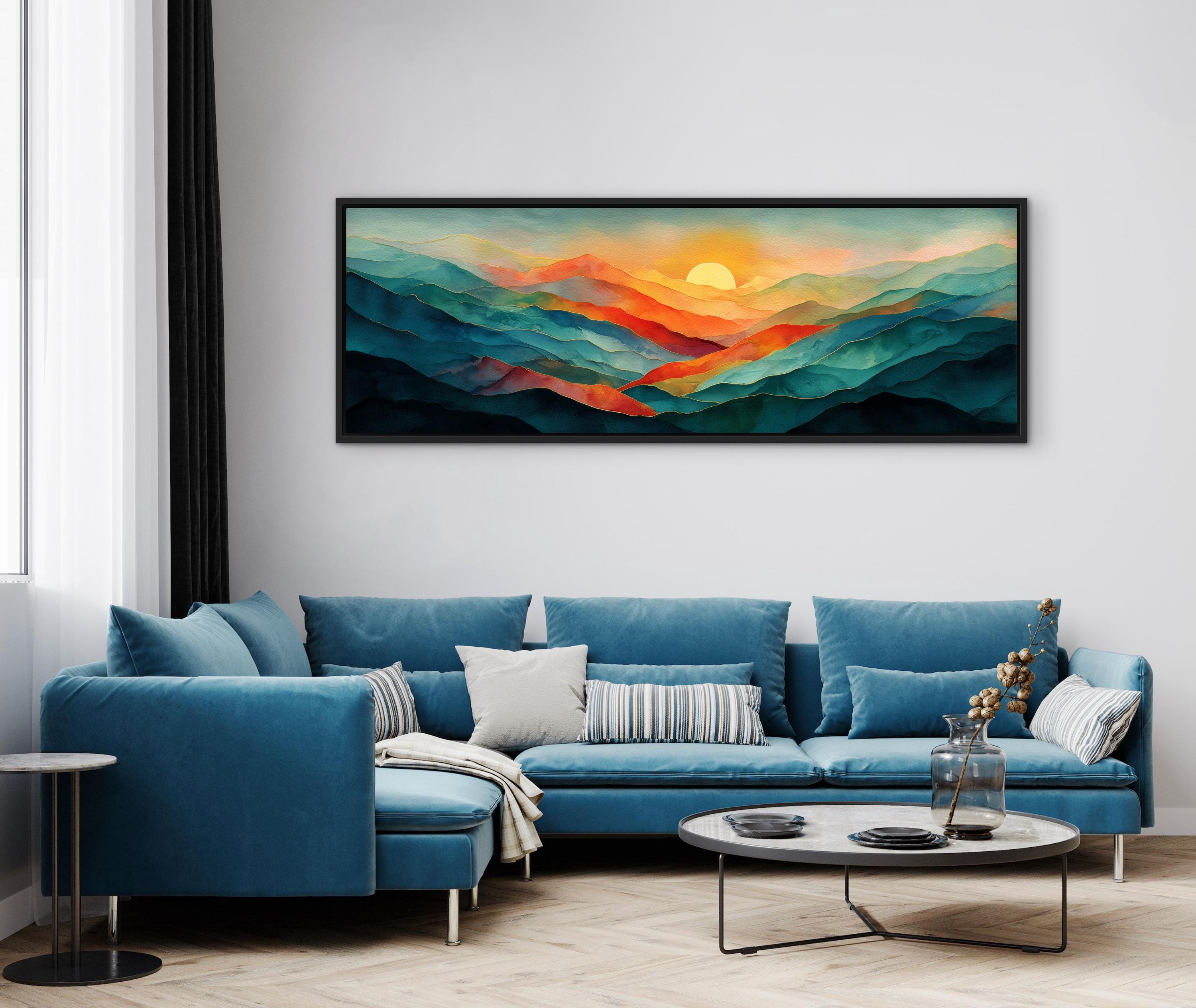 Abstract Mountain Sunrise Art Print - Modern Landscape Wall Decor, Teal ...