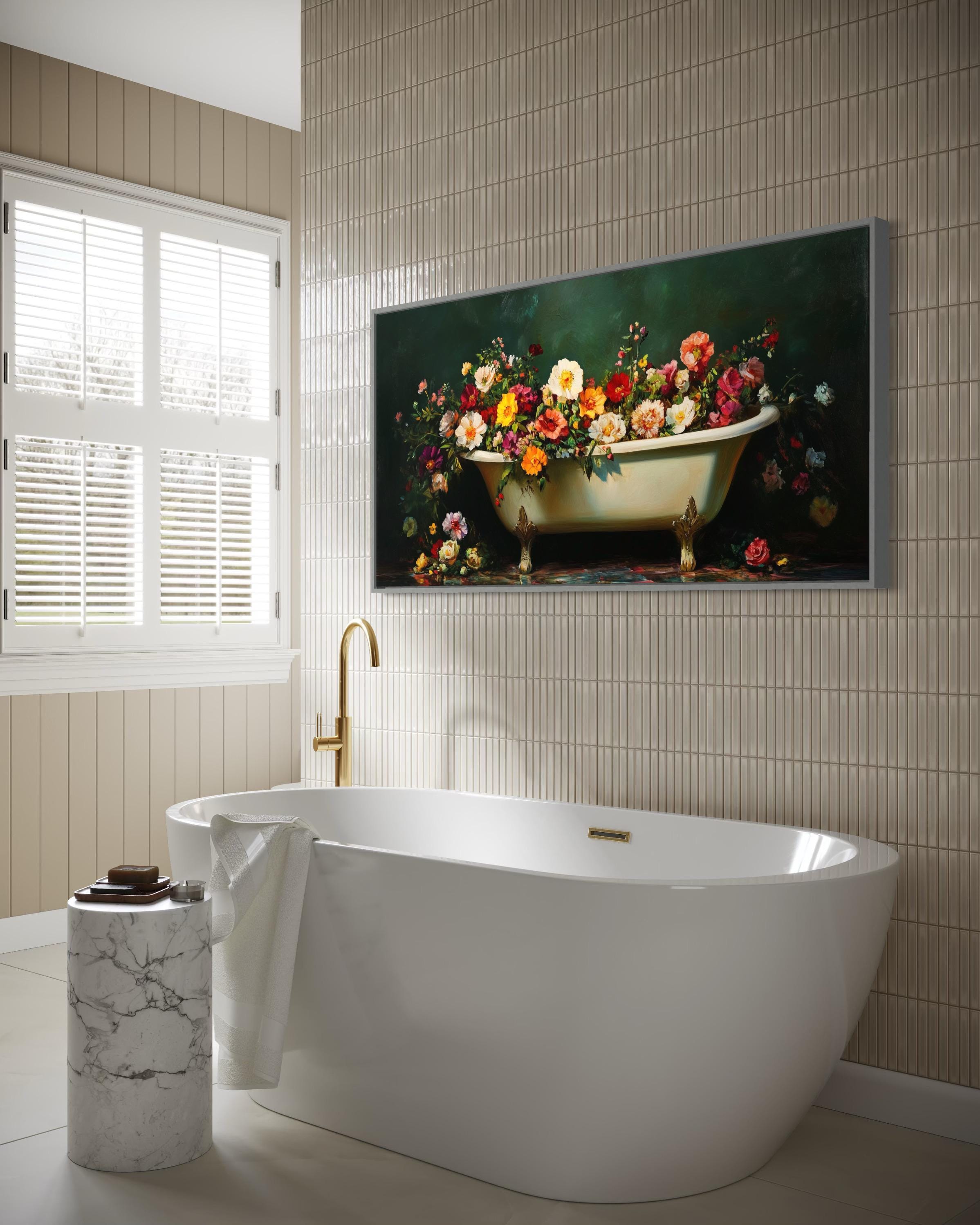 Floral Bathtub Art Print – Vintage Clawfoot Tub With Flowers Wall Art ...