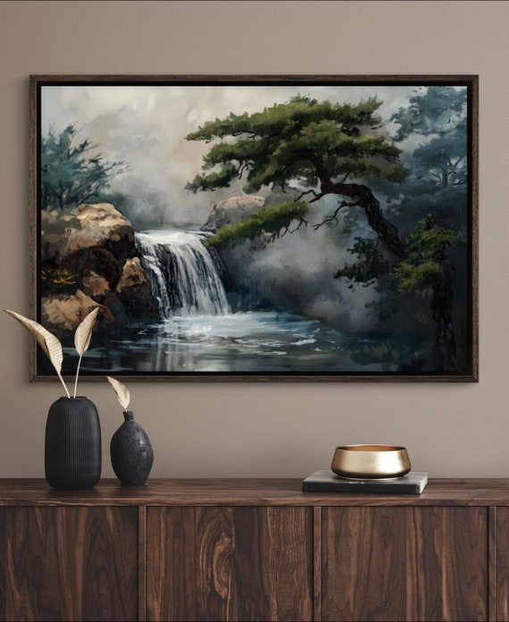 Japanese Garden Waterfall Canvas - Zen Inspired Misty Forest Art Print for Relaxing Above Bed or Couch Decor, Perfect Asian Wall Art
