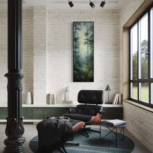 This serene painting depicts a misty forest with tall trees and delicate wildflowers. The soft, muted colors and ethereal atmosphere create a sense of tranquility, perfect for adding a touch of nature and calm to any space.