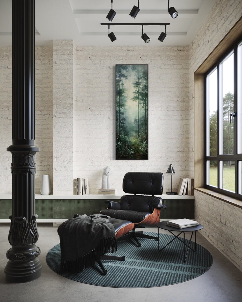This serene painting depicts a misty forest with tall trees and delicate wildflowers. The soft, muted colors and ethereal atmosphere create a sense of tranquility, perfect for adding a touch of nature and calm to any space.