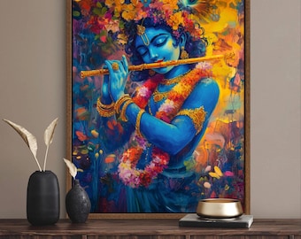 Lord Krishna Canvas Art - Vibrant Hindu God Painting PRINT with Flute and Peacock Feather, Perfect Spiritual Poster for Meditation