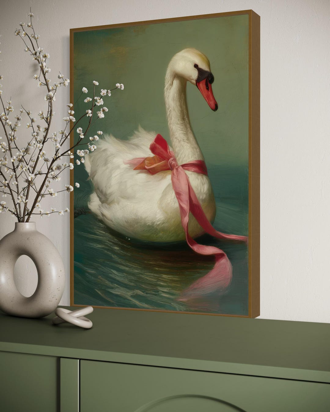Elegant Swan With Pink Ribbon Print – Romantic Vintage Wall Art ...