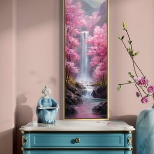 ピンクの桜の滝のアートプリント - 穏やかな春の風景、禅の自然の壁飾り