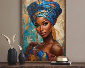 Luxury African Beauty Art Print - Afrocentric Queen Wall Art for Elegant Home Decor, Black Woman Statement Canvas with Gold Accents