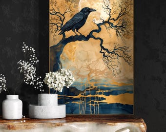 Dark Raven Mystique - Atmosphärischer Rabe Kunstdruck, dramatische Mondmalerei für gotische Raumdekoration und mystische Wandkunst