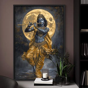 Lord Krishna Moonlight Art Print - Spiritual Poster of Hindu God for Yoga Studio Decor and Zen Wall Art