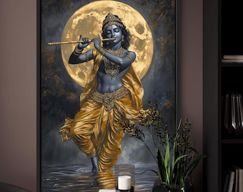 Lord Krishna Moonlight Art Print - Spiritual Poster of Hindu God for Yoga Studio Decor and Zen Wall Art