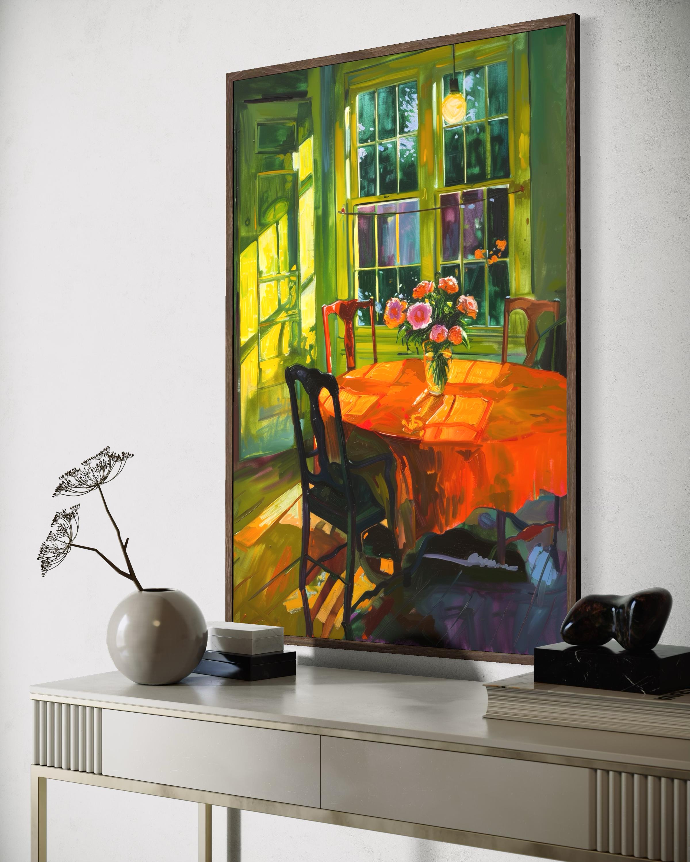 Arte de parede colorida para sala de jantar - Decoração de interiores de cozinha impressionista, pôster de mesa iluminada com flores.