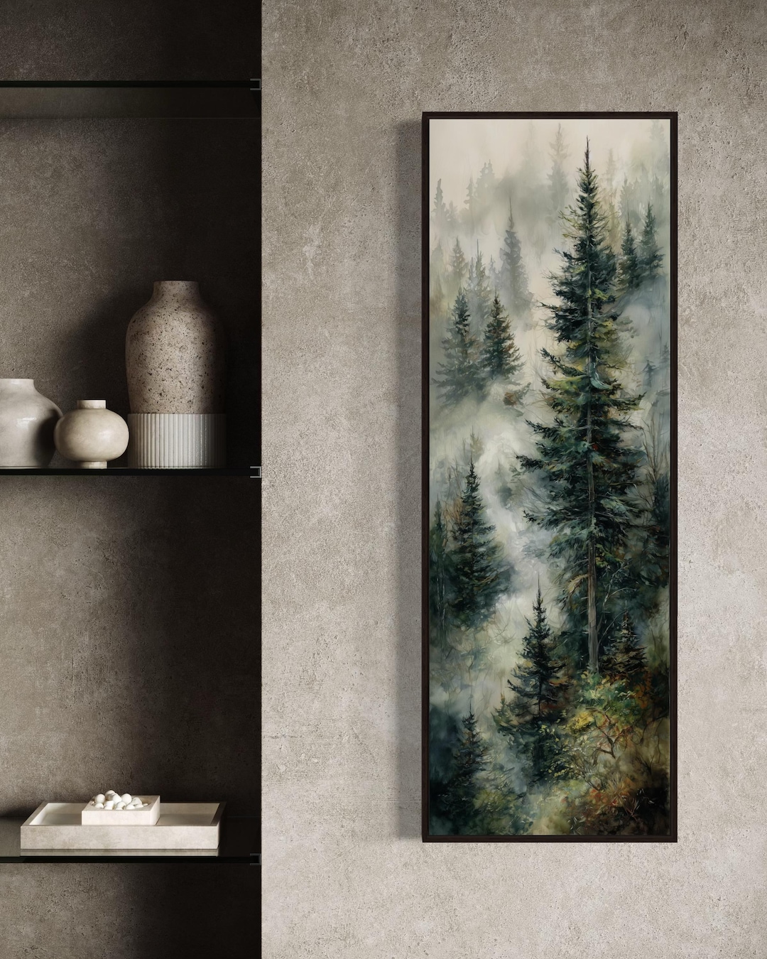 Misty Forest Wall Art – Pine Tree Watercolor Print, Nature Landscape ...
